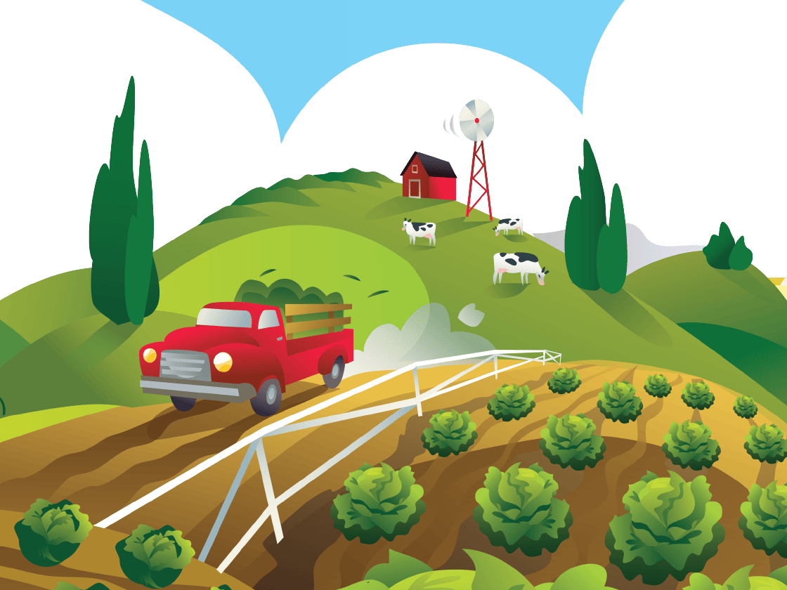 Illustration of a red truck on a rural road with crops and cows near a red barn and a transmission tower on hills under a night sky.