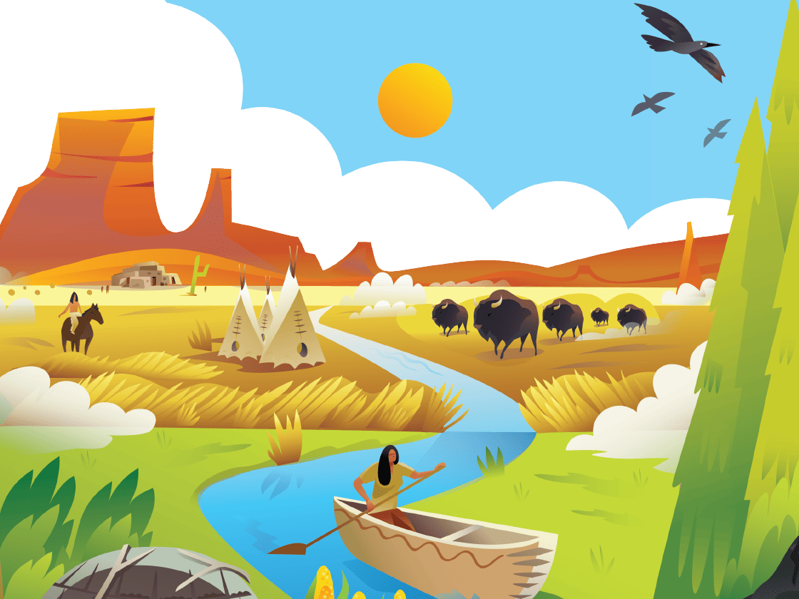 Illustration of a native american scene with teepees, a person paddling a canoe, bison grazing, and birds flying under a sunny sky.