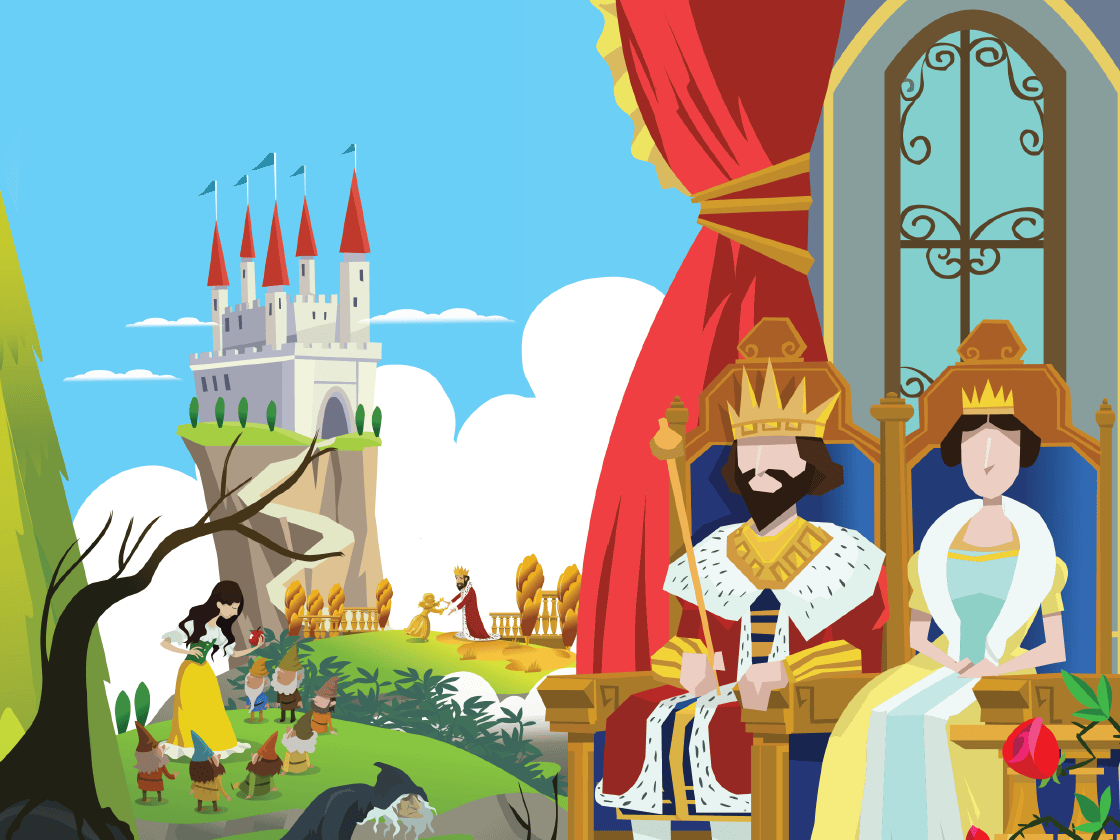 Illustration of a king and queen sitting on thrones near a window, overlooking scenes of a castle, a forest with snow white and dwarfs, and a distant dragon.