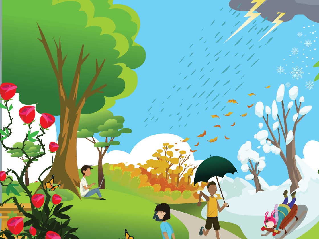 Illustration of a park depicting four seasons, showing people engaging in various activities like reading, walking with an umbrella, and playing in the snow.