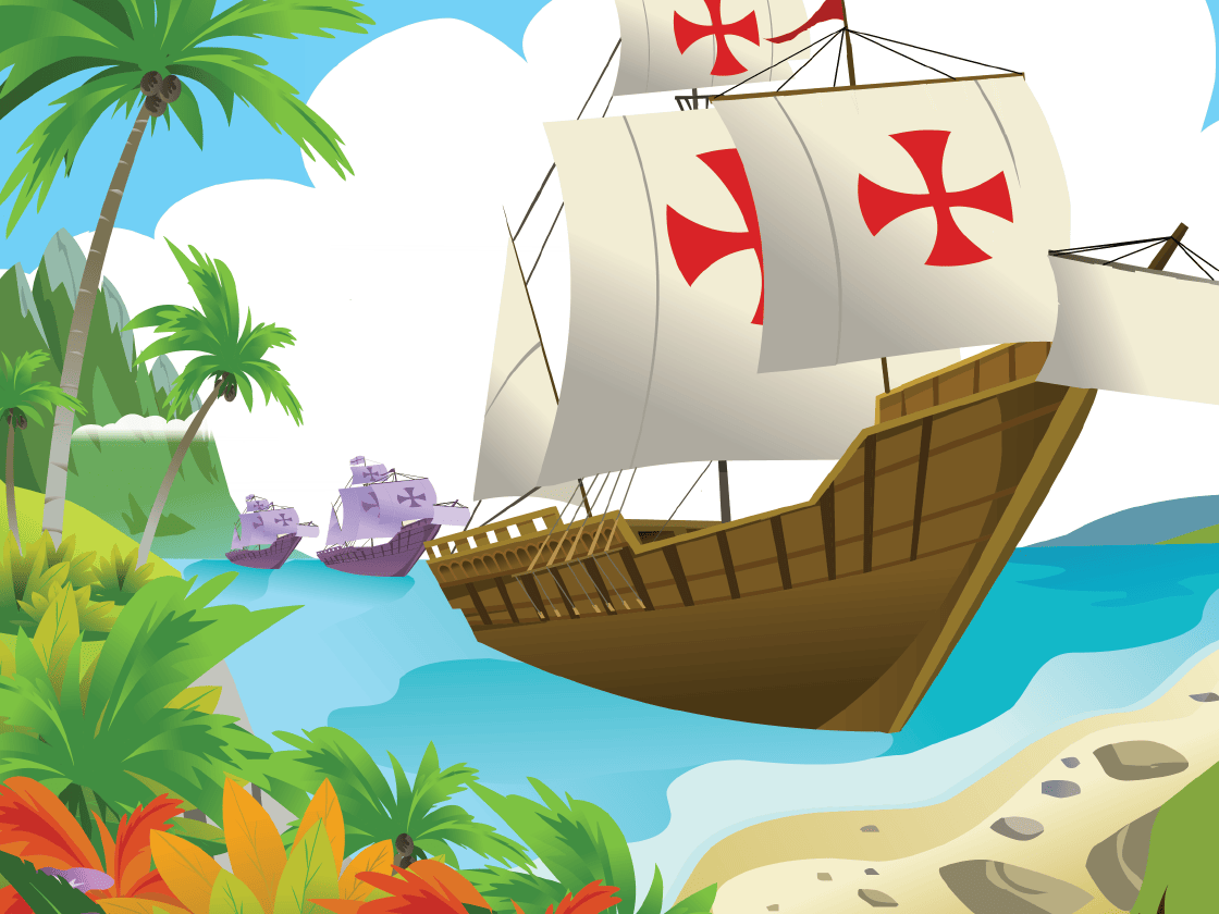 Illustration of a large wooden ship with red crosses on its sails sailing near a tropical island with palm trees and smaller purple castles floating on the water.