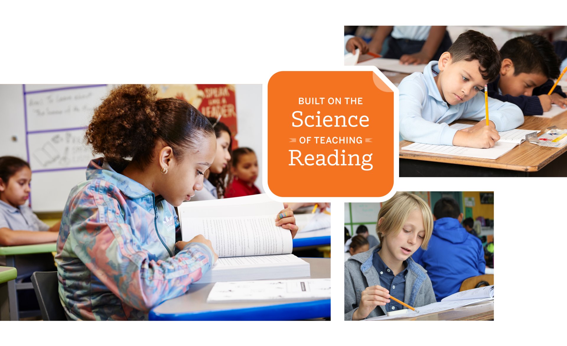 Collage of three images showing diverse students engaged in classroom activities, with an overlay text about reading science.