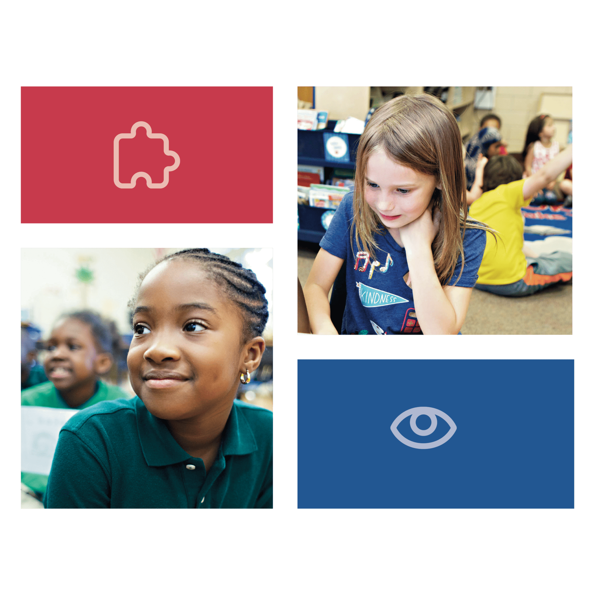 A collage of four images: one with a puzzle piece icon, one showing a girl reading in a library, another of a smiling girl in a classroom, and an eye icon.