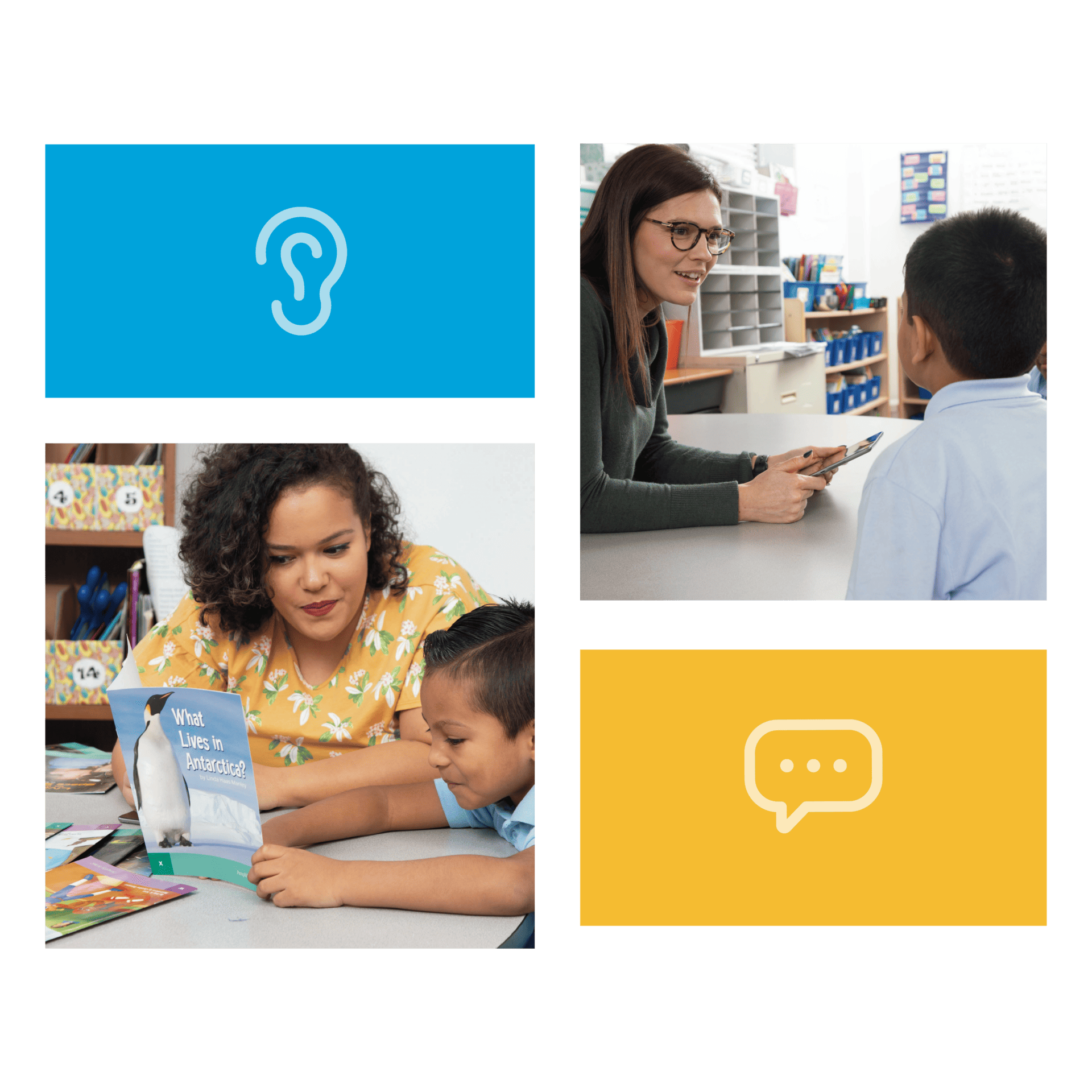 A collage of four images: a blue logo with an ear symbol, a teacher speaking to a student, a woman reading to two children, and a yellow background with a speech bubble icon.
