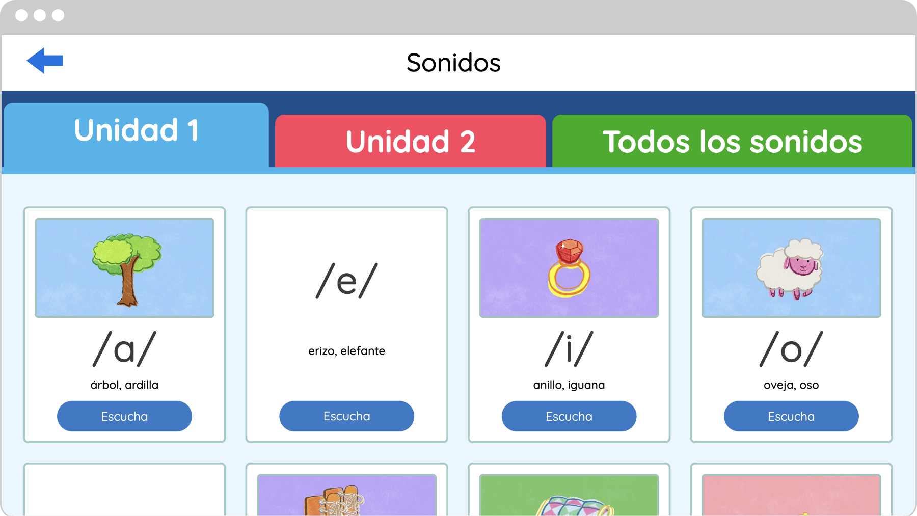 Screenshot of an Amplify CKLA language learning app displaying vowel sounds with corresponding images: tree, ring, and sheep, labeled in Spanish, with a 