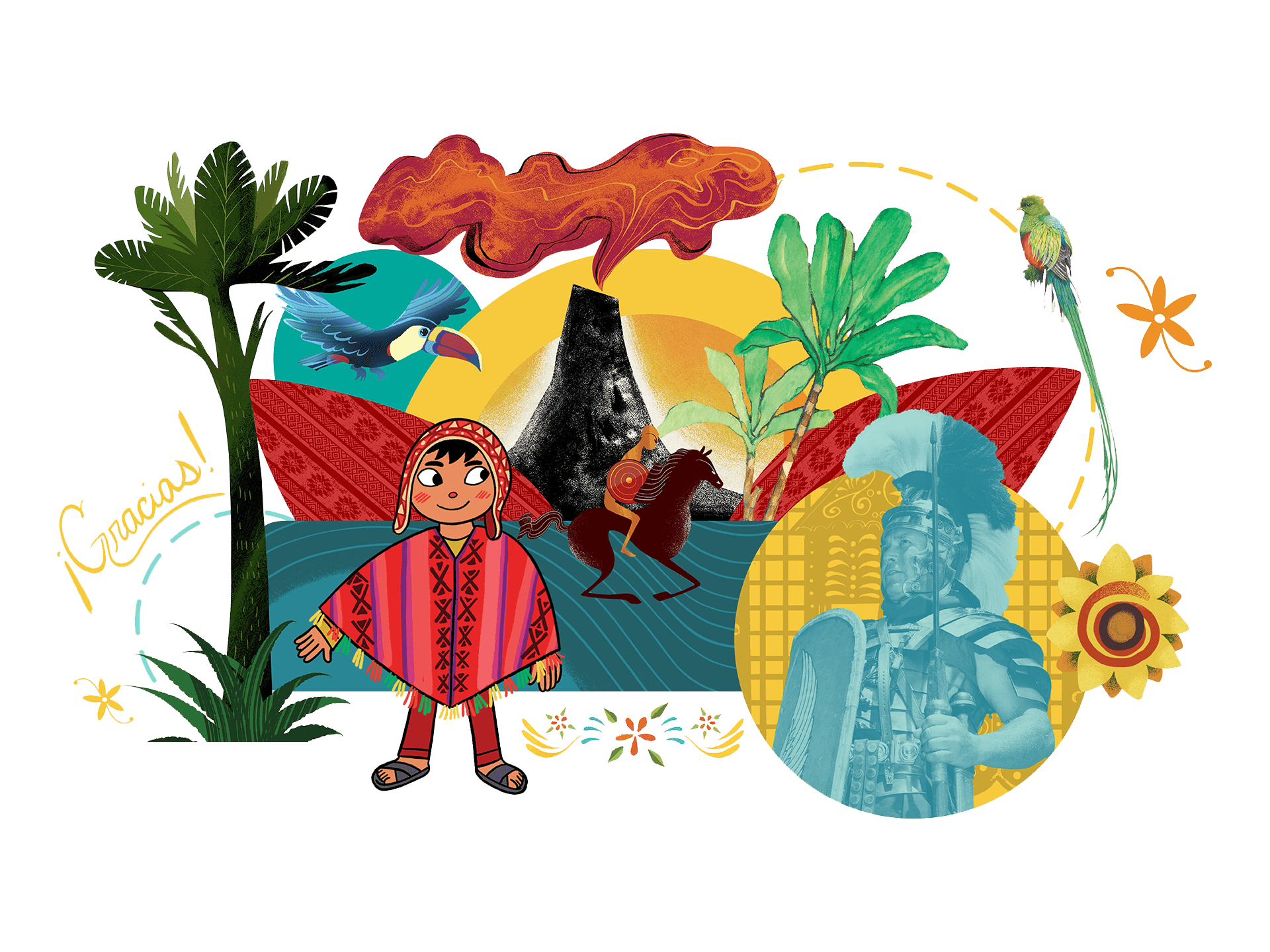 Illustration of a girl in traditional dress with a volcano, tropical plants, a macaw, and indigenous sculptures in a colorful, circular design for Core Knowledge Language Arts.