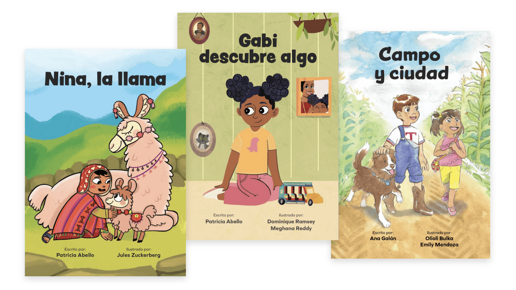 Three book covers in Spanish, featuring colorful illustrations of children with animals in varied settings: a llama, a dog, and both rural and urban backgrounds, ideal for the Core Knowledge Language Arts curriculum.