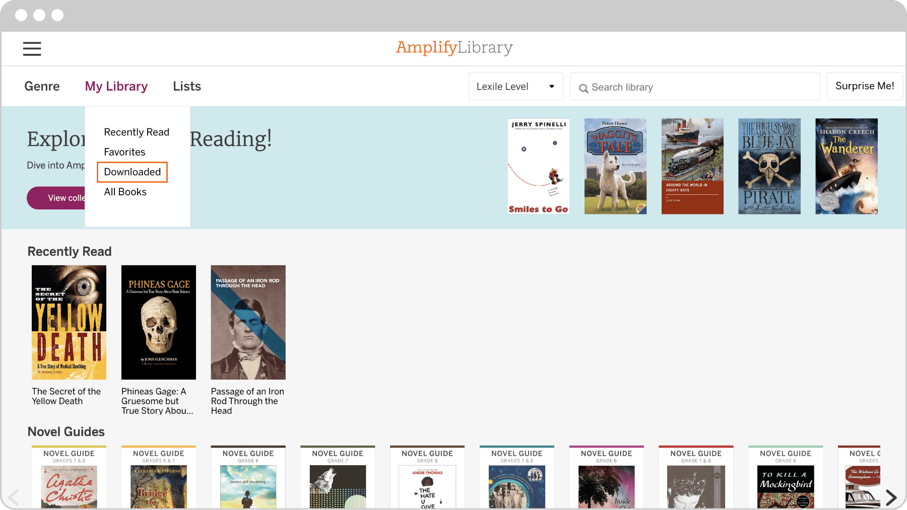 Captura de pantalla de la interfaz de la biblioteca de libros digitales de Amplify ELA Español con un menú a la izquierda y una selección de libros mostrados, incluidas las categorías favoritas y recientemente leídas.
