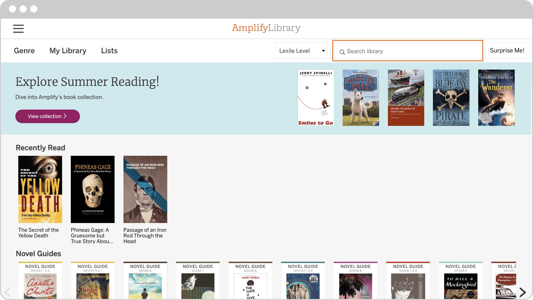 Una interfaz de biblioteca digital que muestra un menú y una selección de portadas de libros en categorías como 