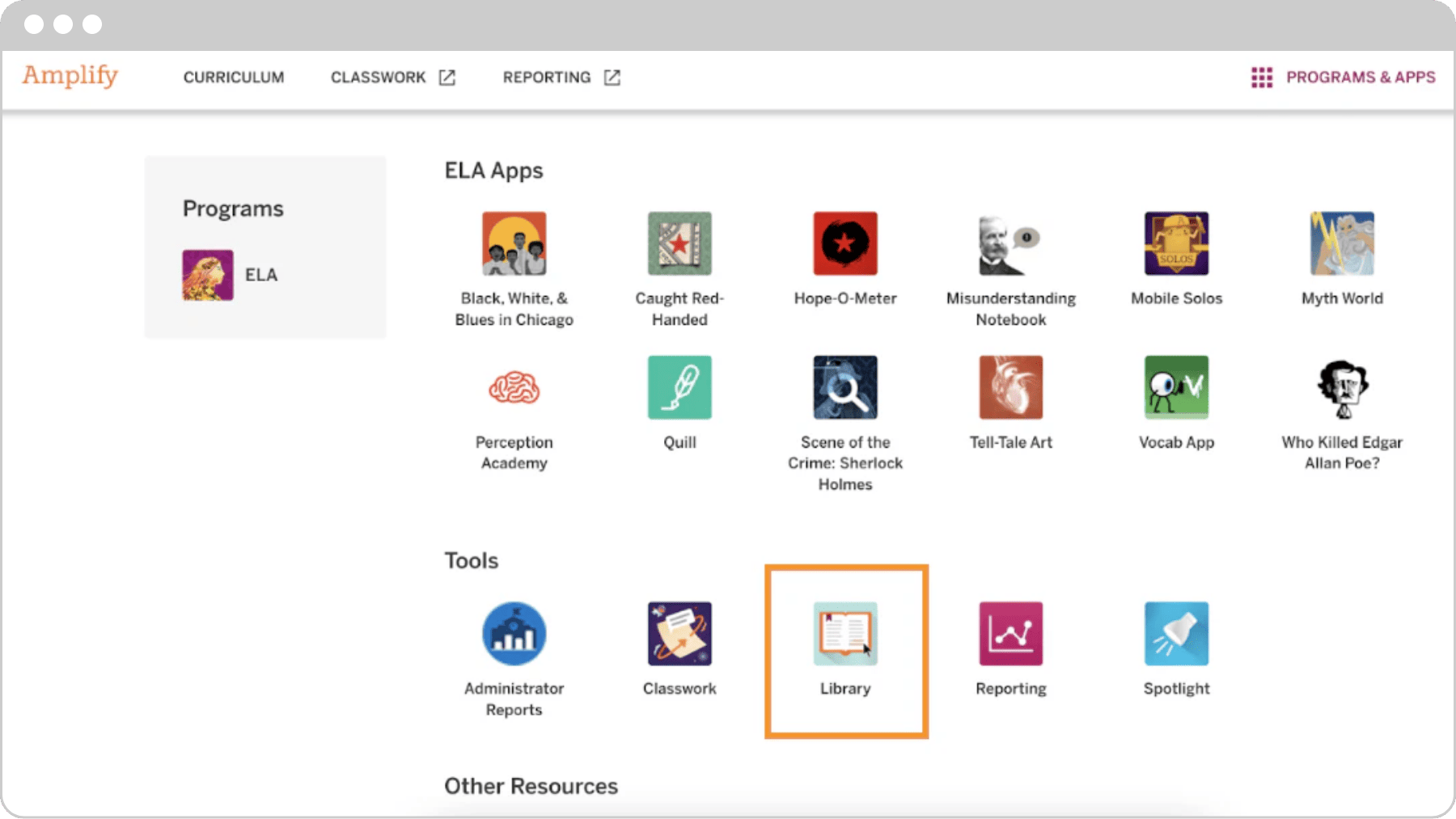 Captura de pantalla de la interfaz de la plataforma educativa Amplify ELA Español que muestra las secciones de 