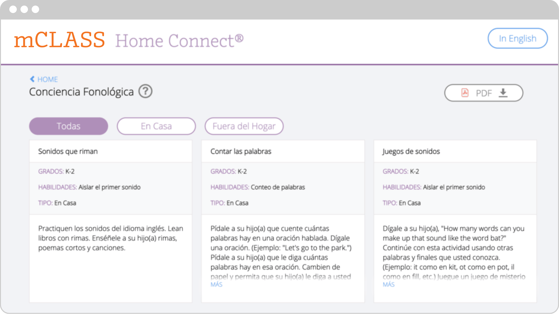 Captura de pantalla del sitio web mclass home connect en español, que muestra tres columnas denominadas 