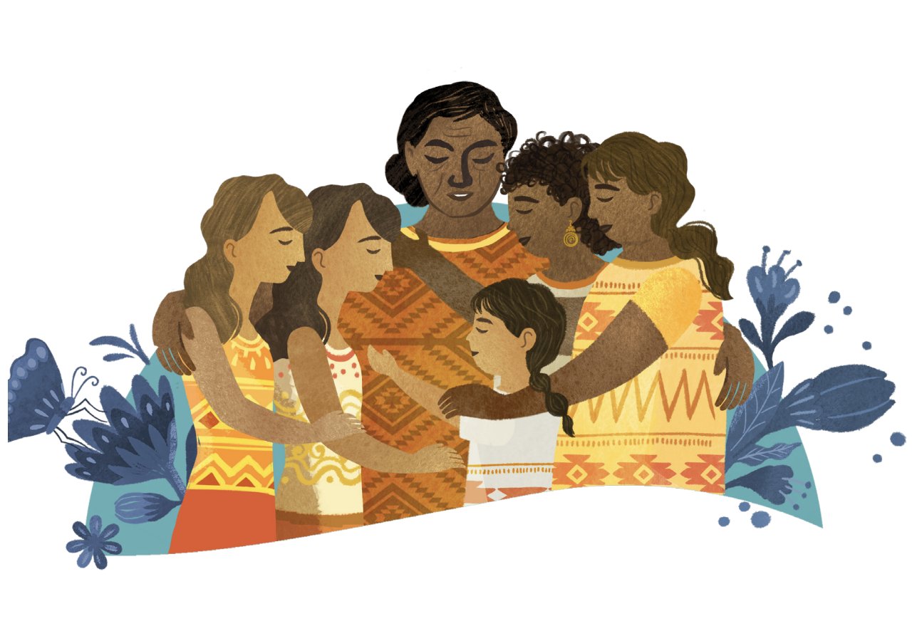 Illustration of a diverse group of six people embracing a child in a loving group hug, surrounded by gentle floral motifs.