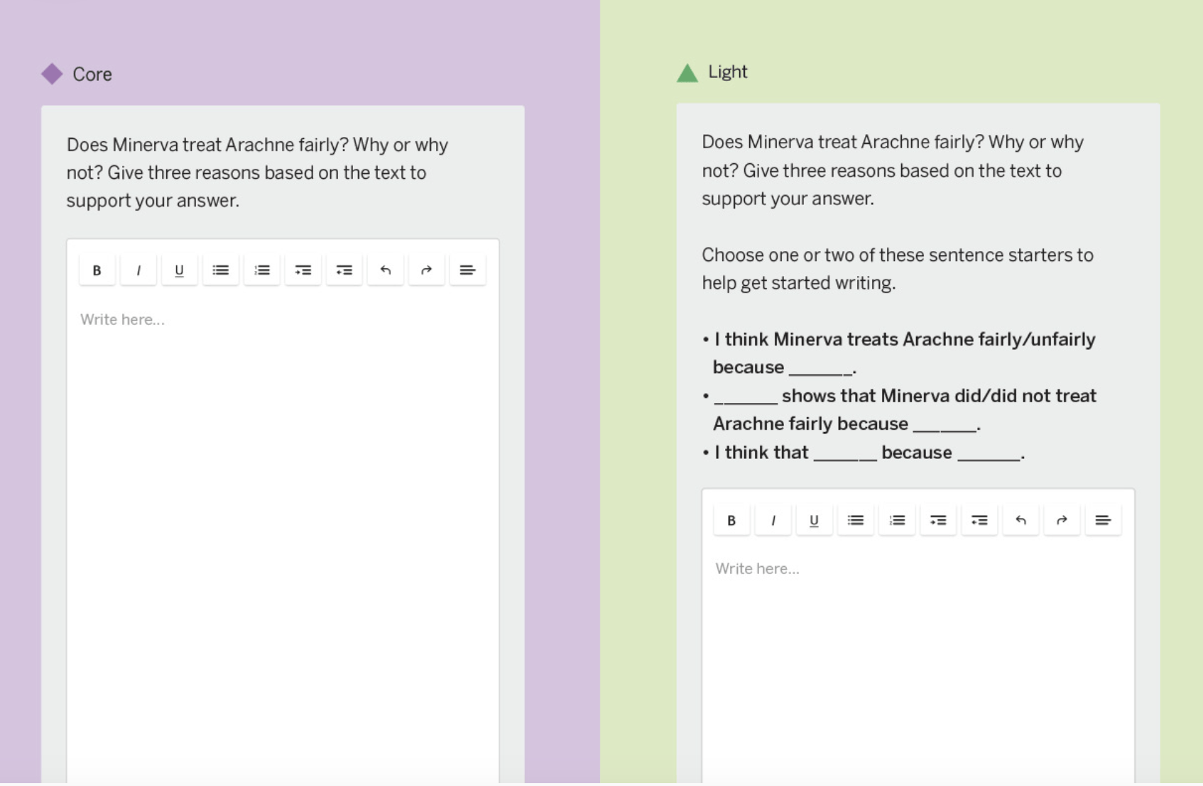 Two split-screen images of a digital learning interface, one in purple and one in green, each featuring a question about minerva and arachne with text input fields for answers.