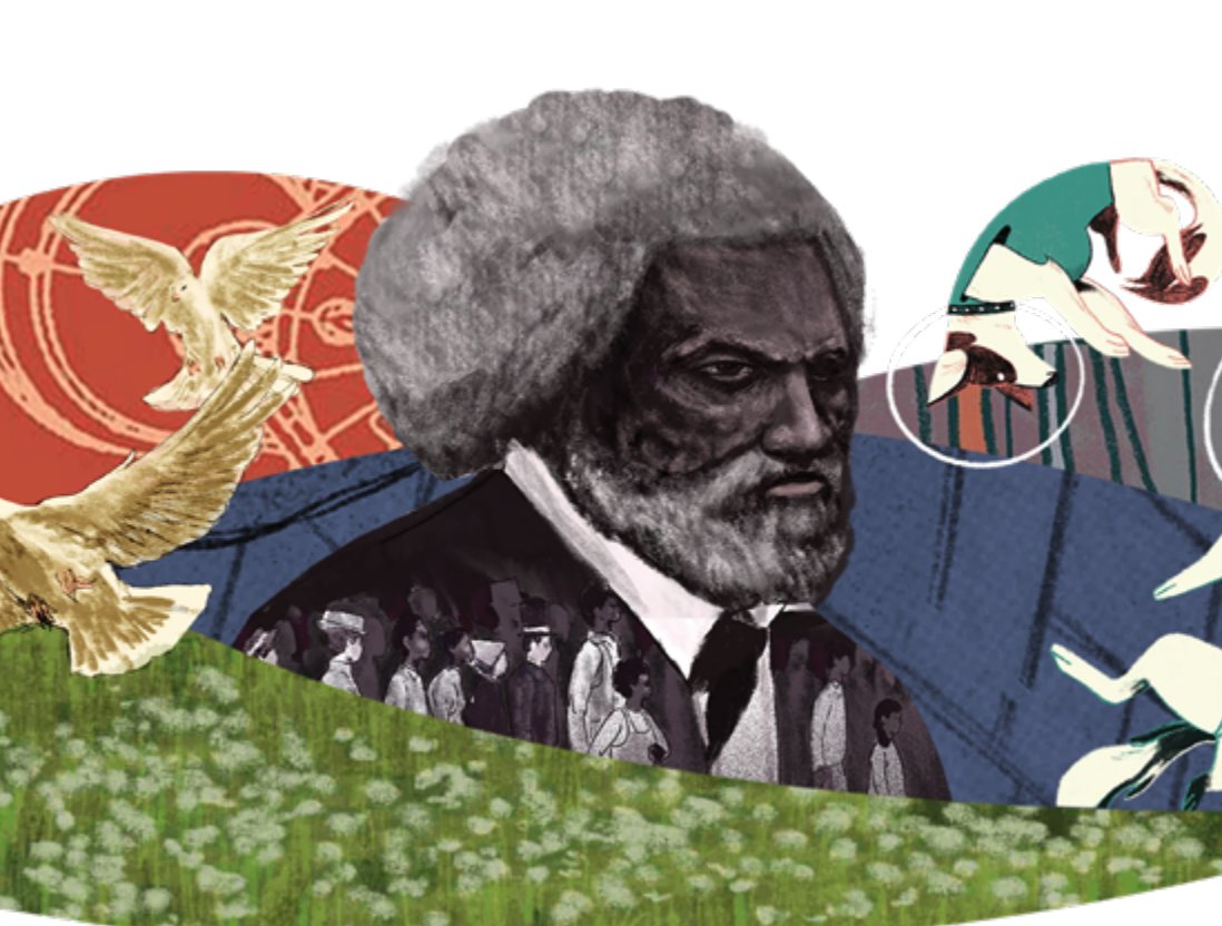 Collage featuring a portrait of frederick douglass, with images of a bird, protestors, and bicyclists in abstract, colorful sections.