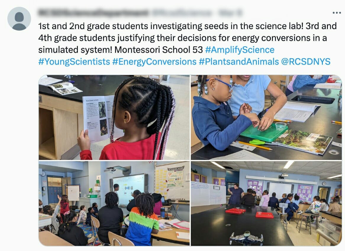 Three images of elementary science students engaged in science activities. The first shows students at a lab table, the second a group listening to a presentation, and the third a classroom setting.
