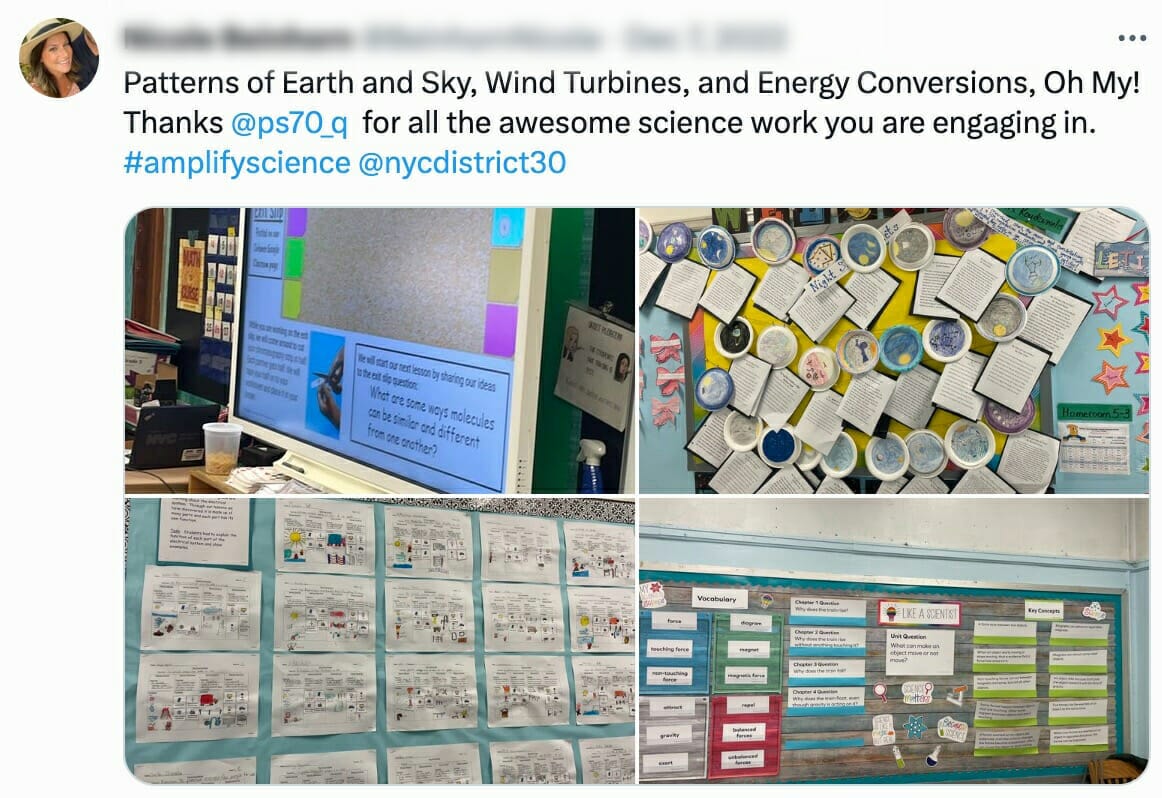 Collage of photos depicting school science projects on earth patterns, wind turbines, and energy conversions from the Amplify Science curriculum, with displayed charts and models, and a classroom presentation.