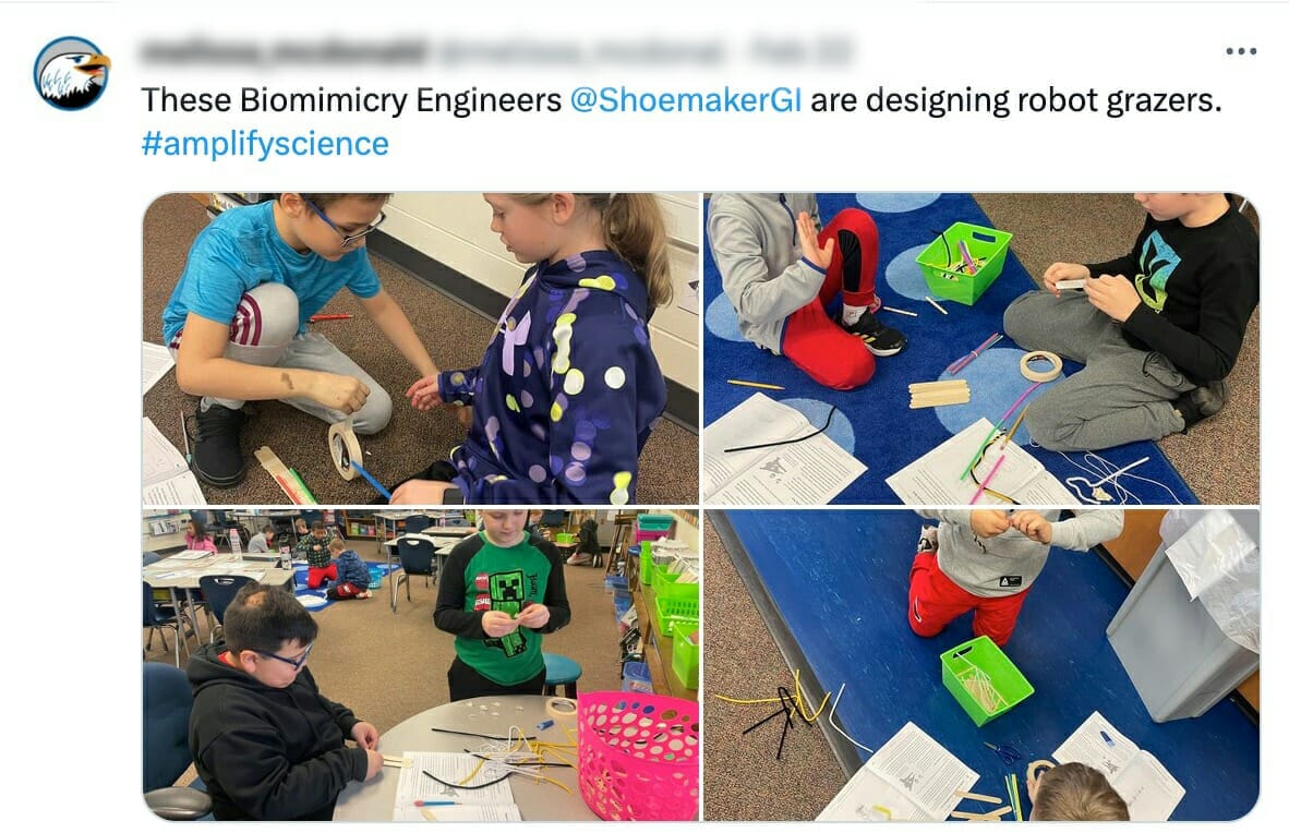 Children engage in a classroom activity, designing robot models using various materials spread on the floor as part of an Amplify Science success story.