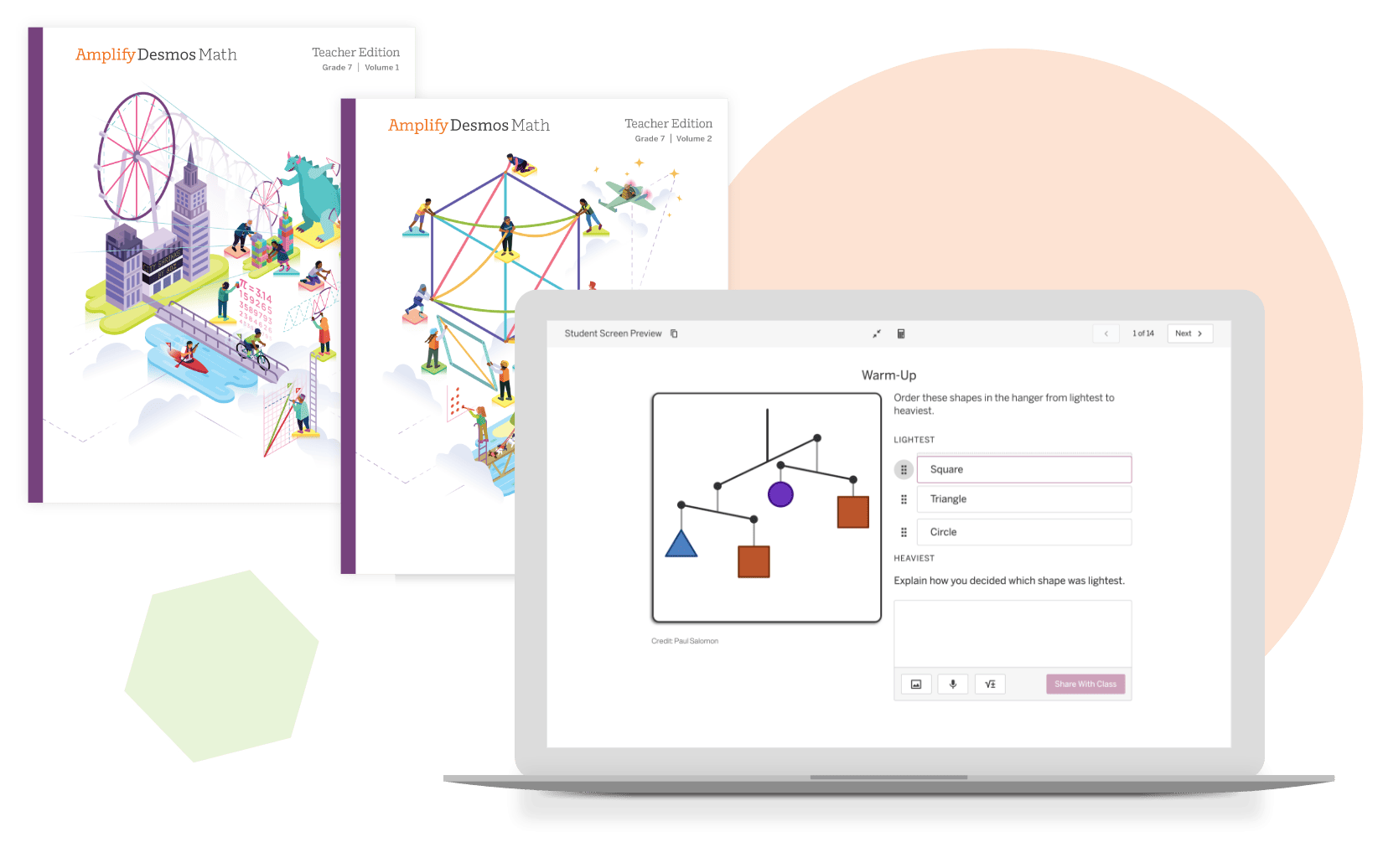 Ilustración de un entorno educativo con una computadora portátil que muestra una lección de Desmos Math en pantalla, flanqueada por representaciones coloridas y abstractas de un paisaje urbano y varios gráficos.