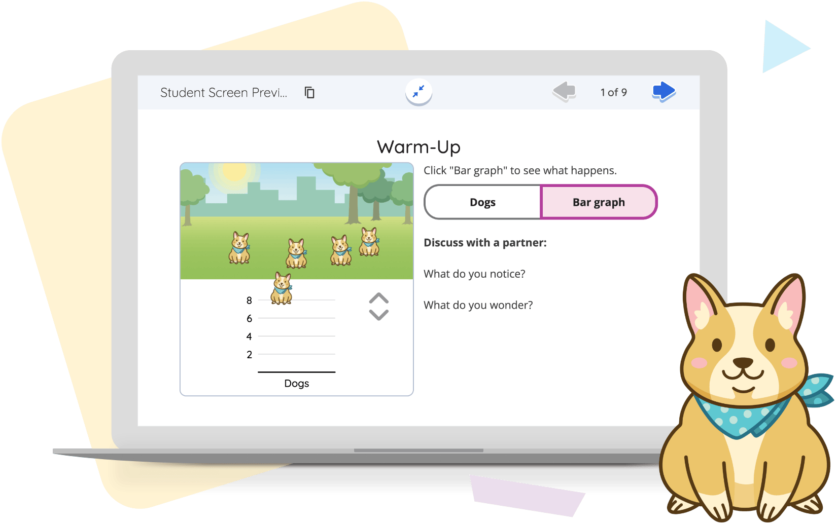 Interfaz de software educativo que muestra una lección de gráfico de barras sobre perros, con una ilustración de un corgi al lado de la pantalla como parte del plan de estudios de Amplify Desmos Math.
