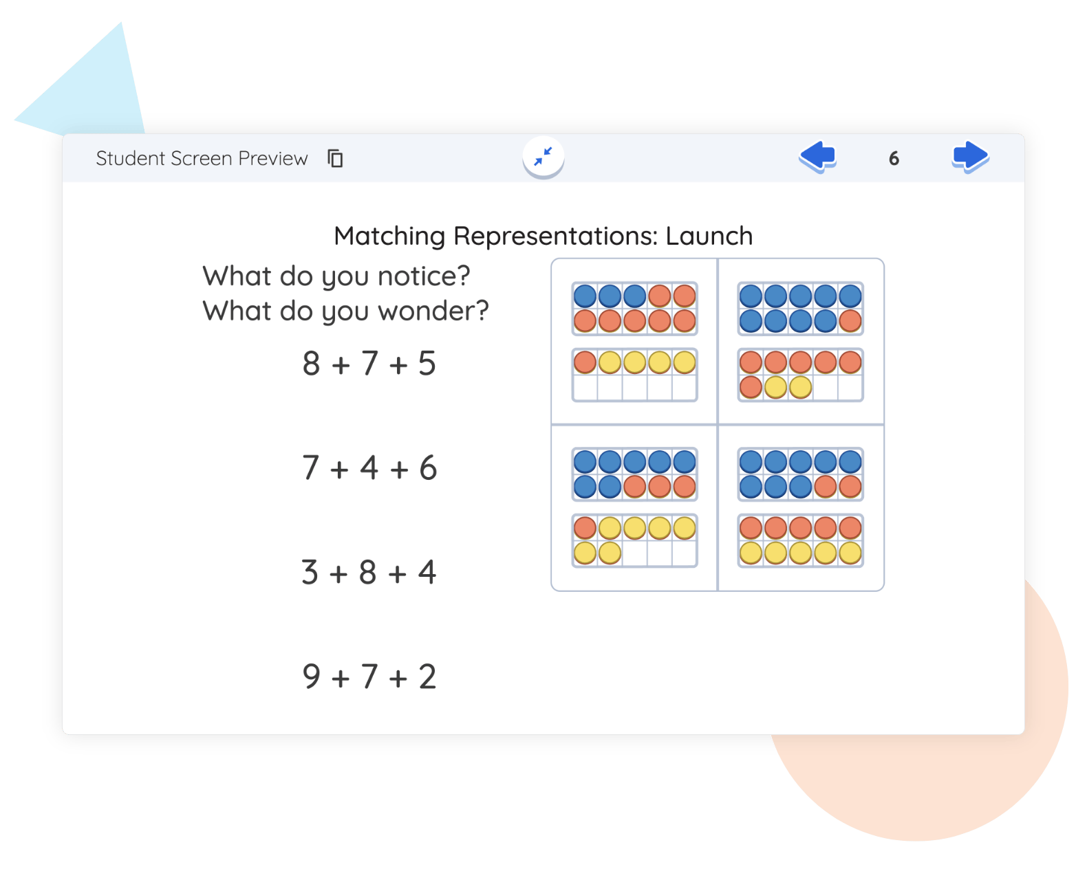 Illustration of an Amplify Desmos math learning tool on a student screen showing abacus representations for the sums 8+7, 7+4+5, 3+8+4