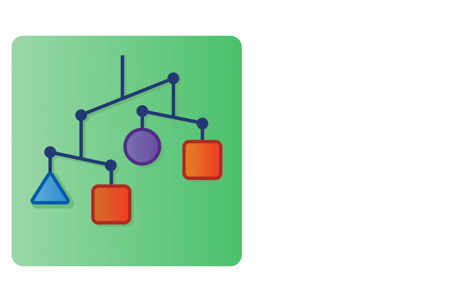 Abstract illustration of a hierarchical network diagram with geometric shapes: a circle, triangles, and squares in Blue, Green, and Orange.