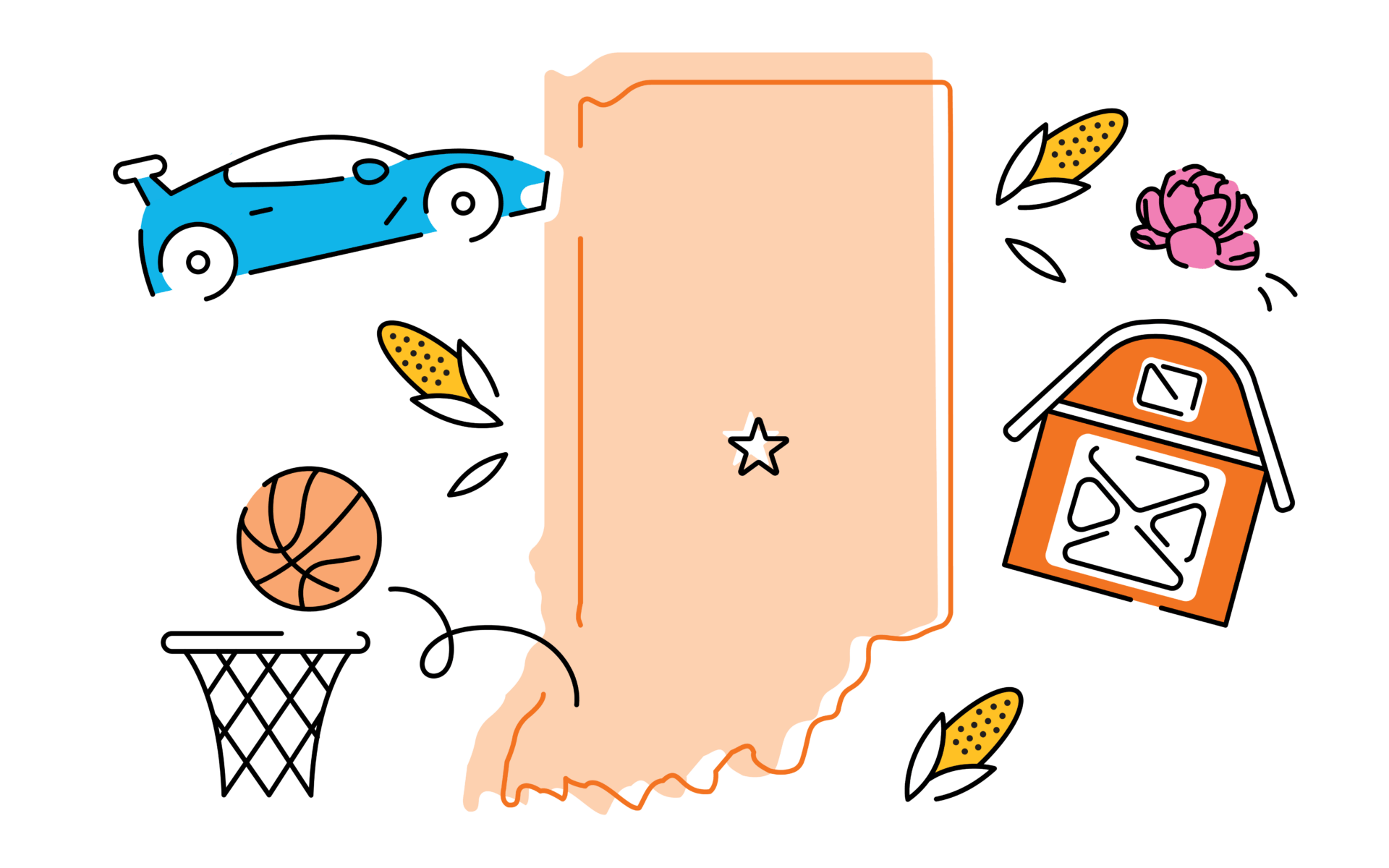 Illustration featuring assorted icons including a blue car, basketball hoop, a barn, and a scroll with a star, surrounded by leaves and a flower.