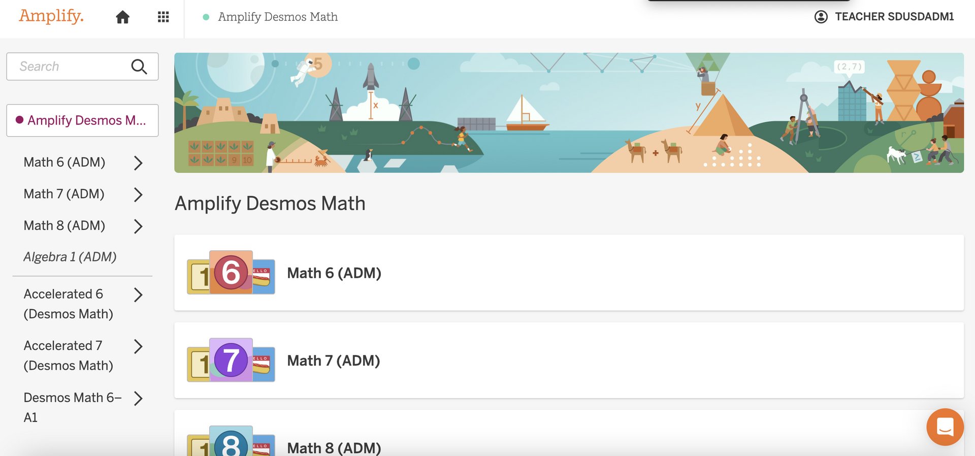 Educational website displaying colorful banners for math courses (math 6, math 7, math 8), with whimsical illustrations featuring animals and nautical themes.