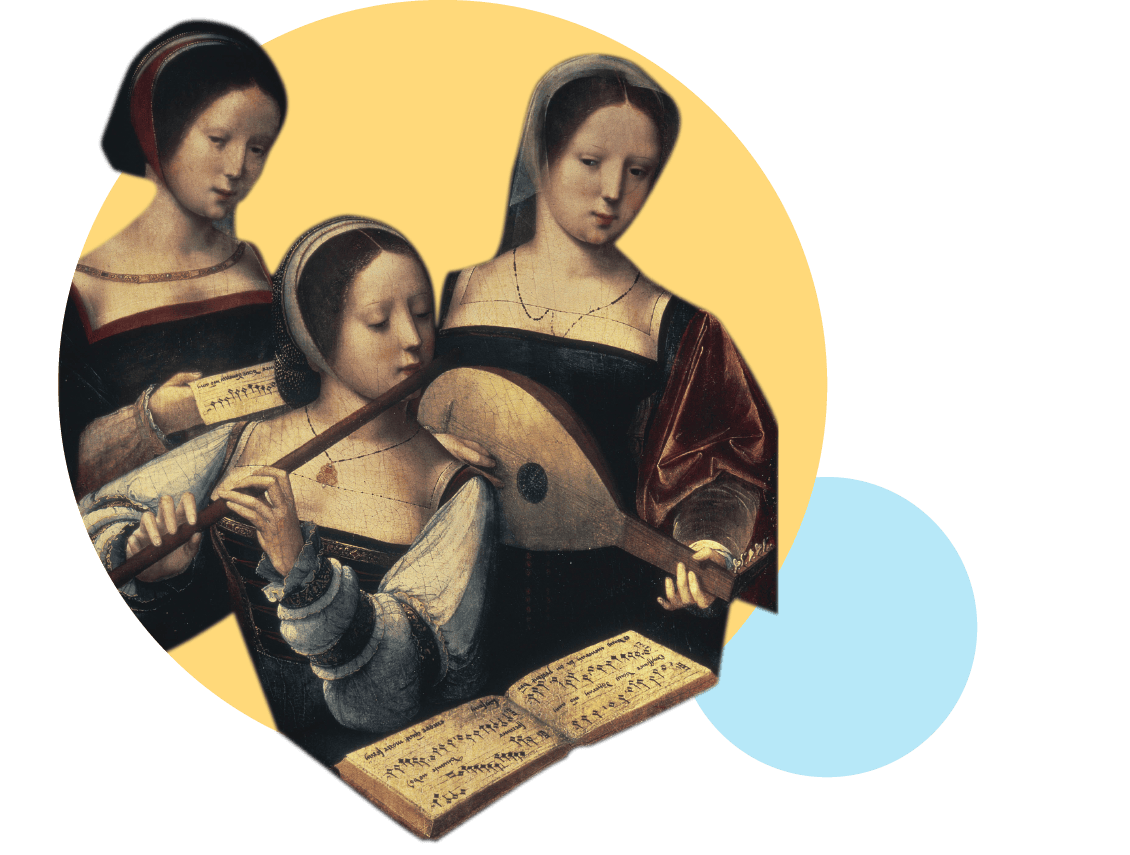 Three women from a renaissance painting, one playing a lute and reading sheet music, accompanied by two others showcasing their literacy skills, against an abstract background with a blue circle.