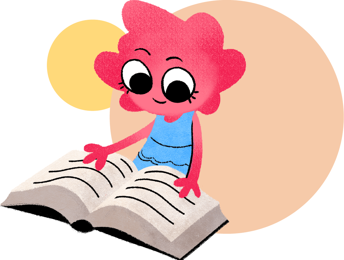 Illustration of a cheerful pink cartoon character with large eyes sitting and enhancing literacy skills by reading a large open book, set against a peach and yellow circular background.