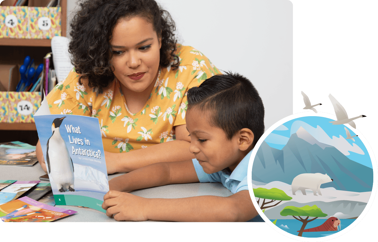 A woman and a young boy explore literacy curriculum through a book titled 
