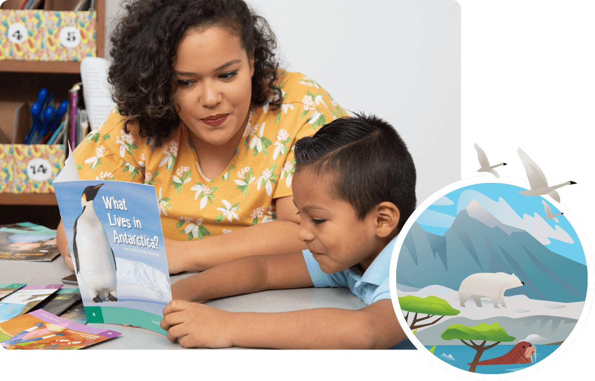 A woman and a young boy explore literacy curriculum through a book titled