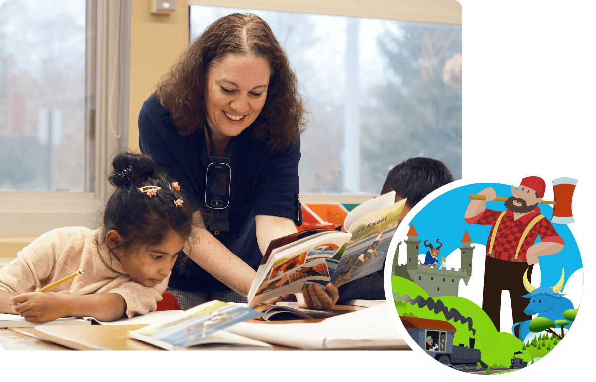 A teacher helps a young student build literacy skills in a classroom, while another student is in the foreground, and an inset cartoon of a lumberjack and dragon by a castle.