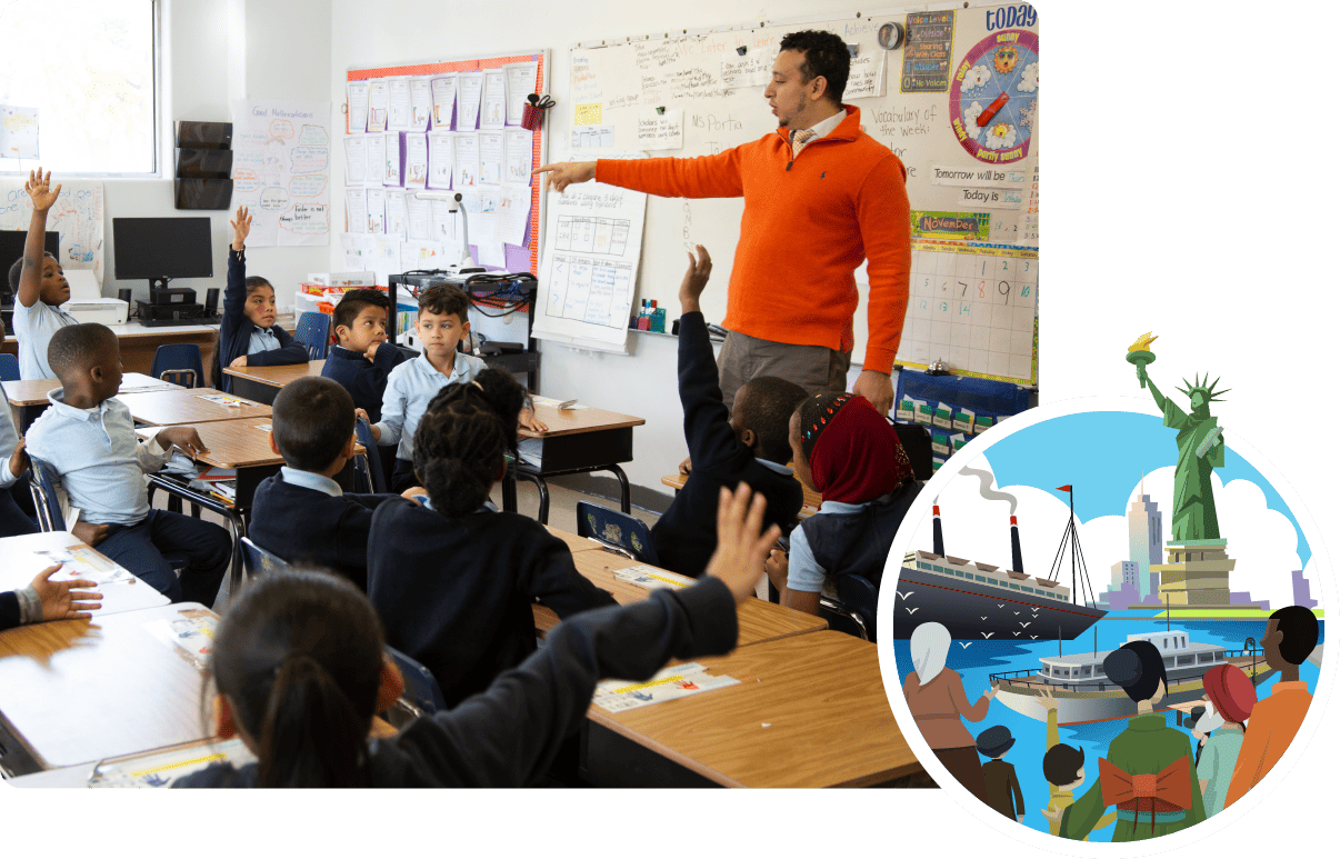 A teacher addressing a diverse group of elementary students raising their hands in a classroom, with illustrations of New York City landmarks overlaying the scene, emphasizes knowledge building.