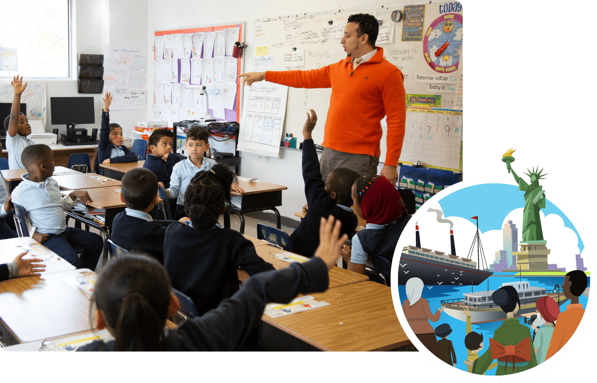A teacher addressing a group of elementary 鶹raising their hands in a classroom, with illustrations of New York City landmarks overlaying the scene, emphasizes knowledge building.