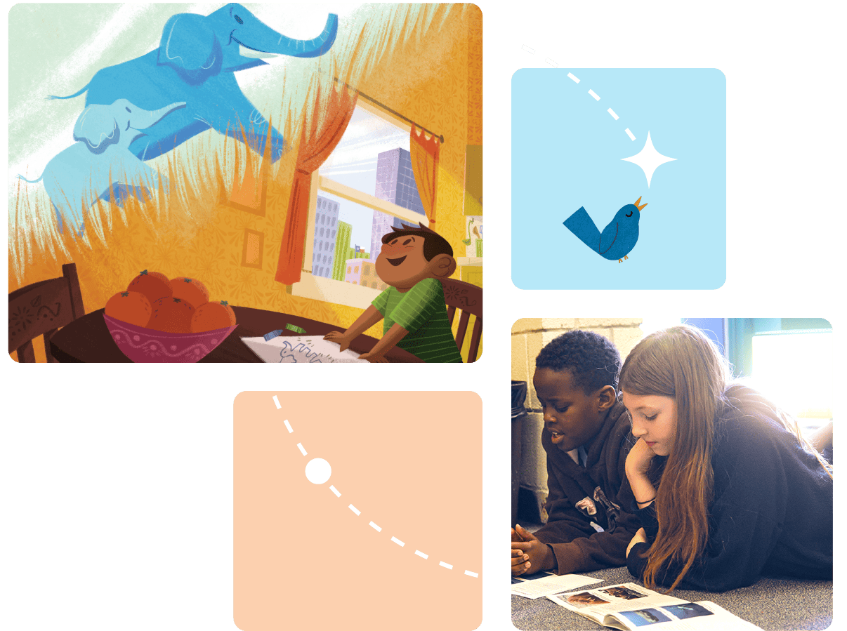 Collage of four illustrations: a boy under a painting of elephants, a bird flying against a sky backdrop, two students engaged in literacy curriculum studies, and a depicted orbital path of a celestial body.