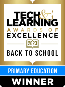 2023 tech & learning awards of excellence badge for 'back to school, primary education careers winner' with gold and blue design elements.