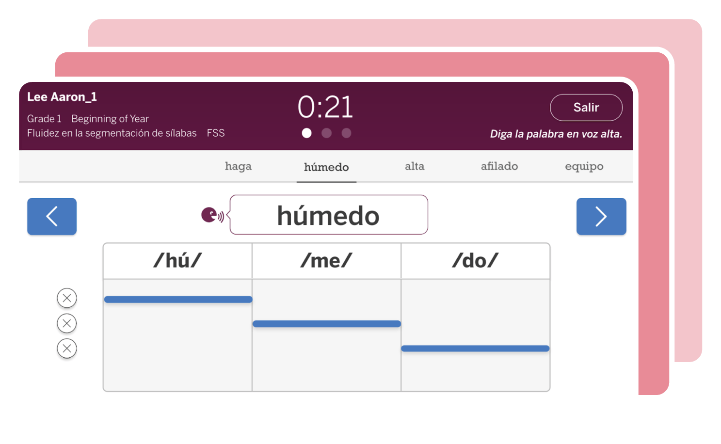 Educational software interface for personalized Spanish literacy instruction, showing a syllable segmentation exercise for the word 