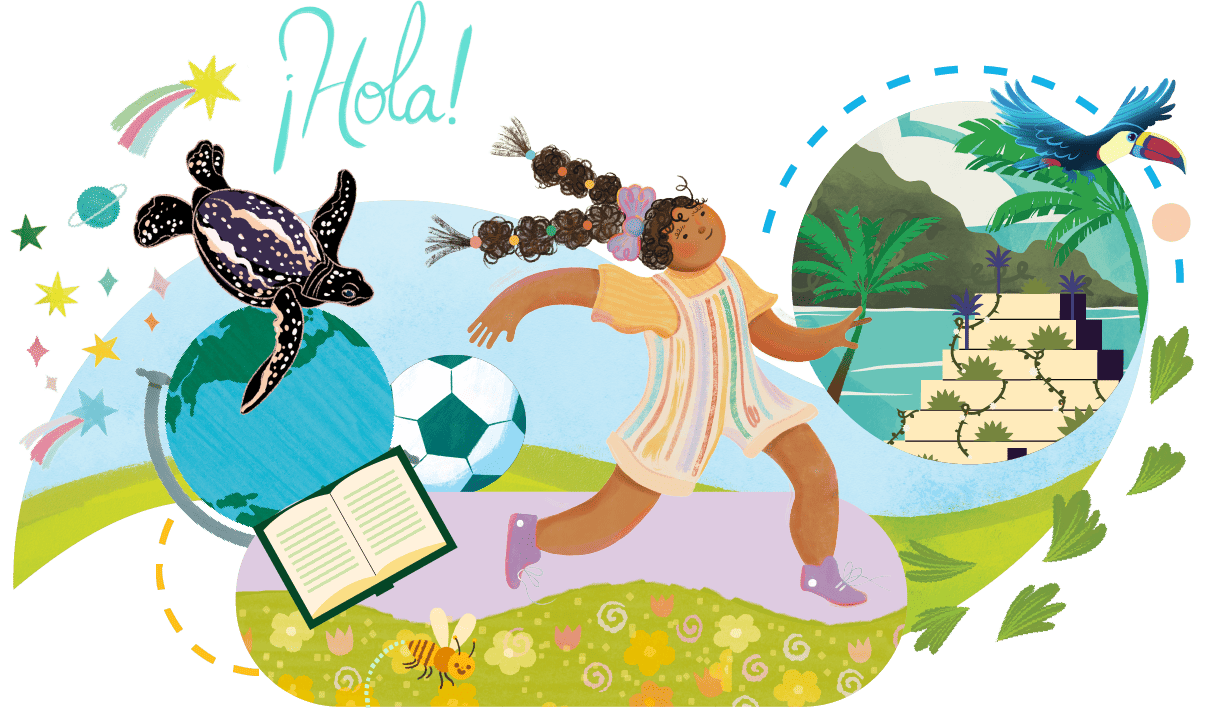 Illustration of a joyful child playing soccer in a vibrant, dual-language environment featuring a turtle, parrot, and open book, with 