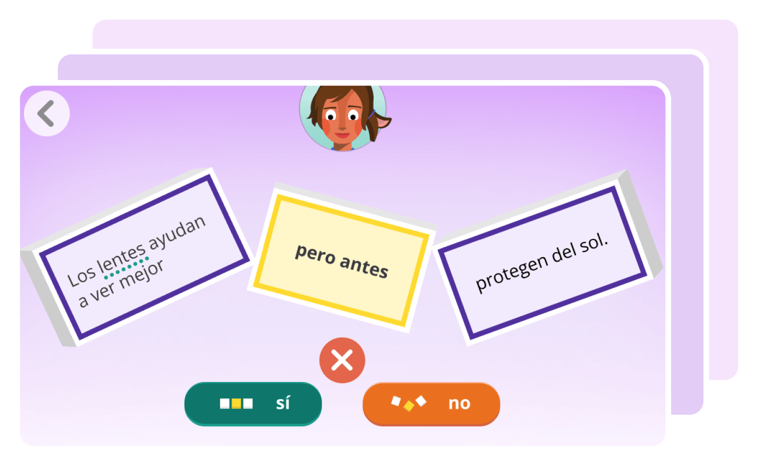 Digital educational flashcards for personalized Spanish literacy instruction, featuring a phrase about glasses helping to see better and protecting from the sun, with interactive yes/no buttons.
