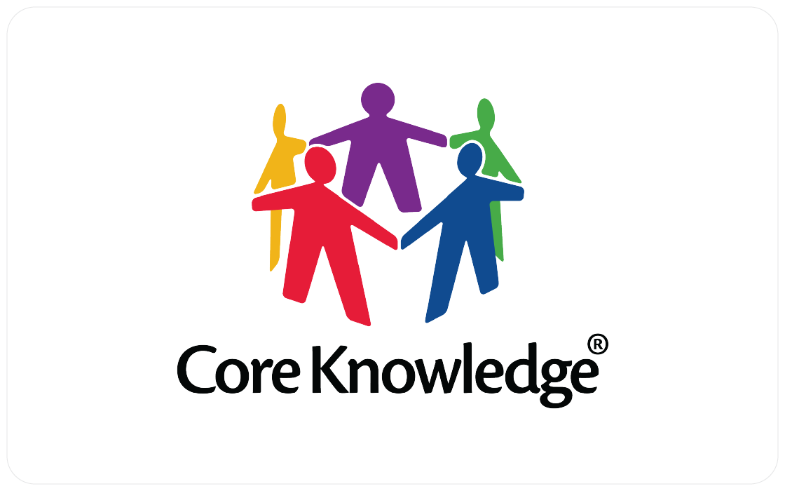 Logotipo del plan de estudios de alfabetización K-5 que presenta un círculo de figuras humanas abstractas multicolores tomadas de la mano, con texto de 