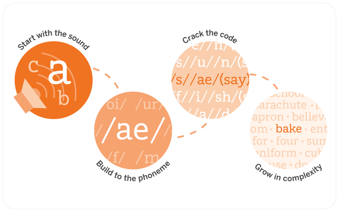 Diagrama ilustrativo que muestra la progresión de la alfabetización temprana desde sonidos básicos hasta fonemas complejos con círculos etiquetados y flechas de conexión.