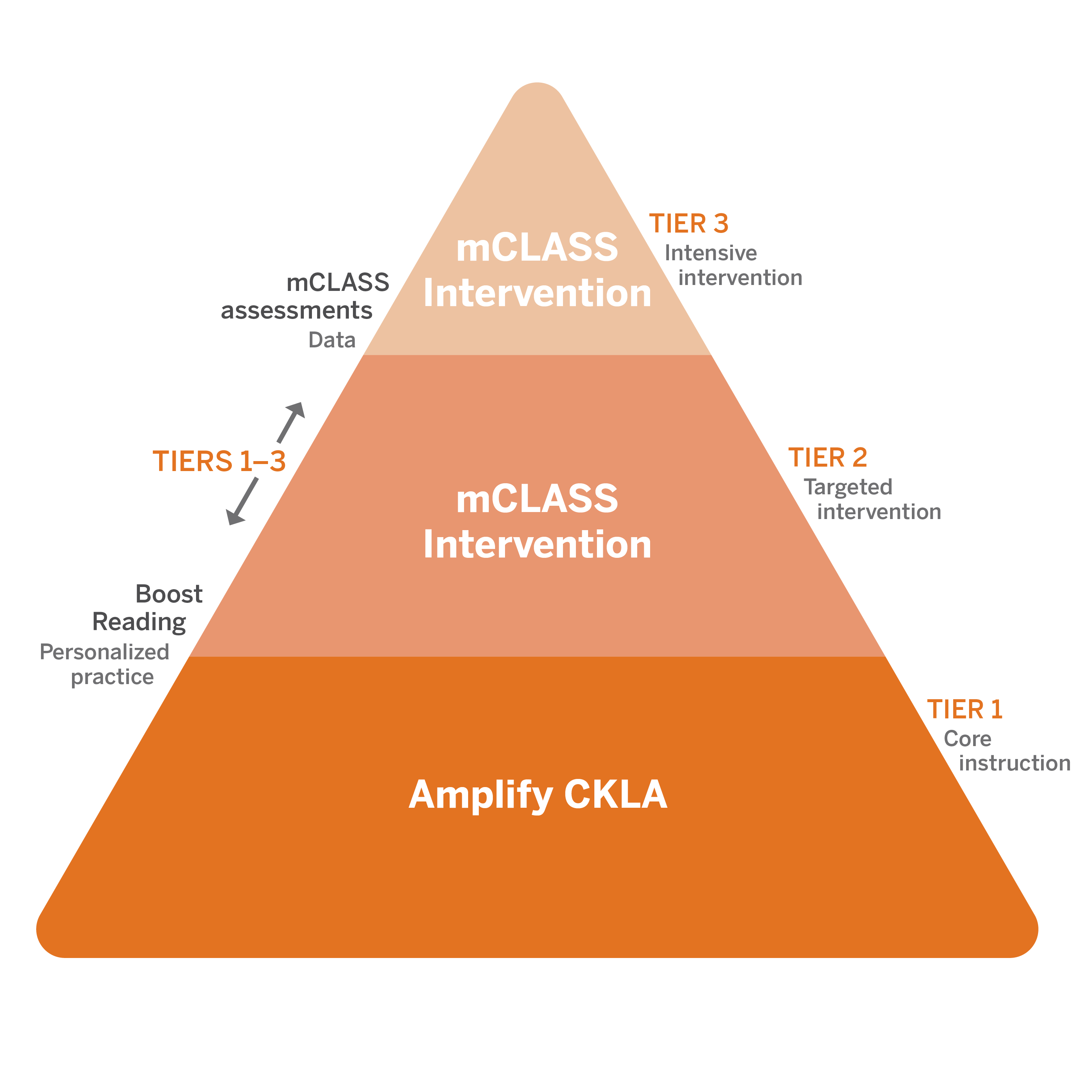 Orange triangular diagram showing educational tiers: tier 3 at top with 'intensive intervention' specifically in science of reading, tier 2 'targeted intervention' in the middle, and tier 1