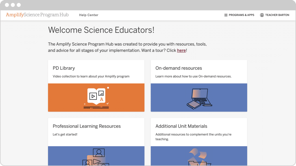Screenshot of the amplify science program hub website showing resource sections like pd library, professional learning resources, and additional unit materials.
