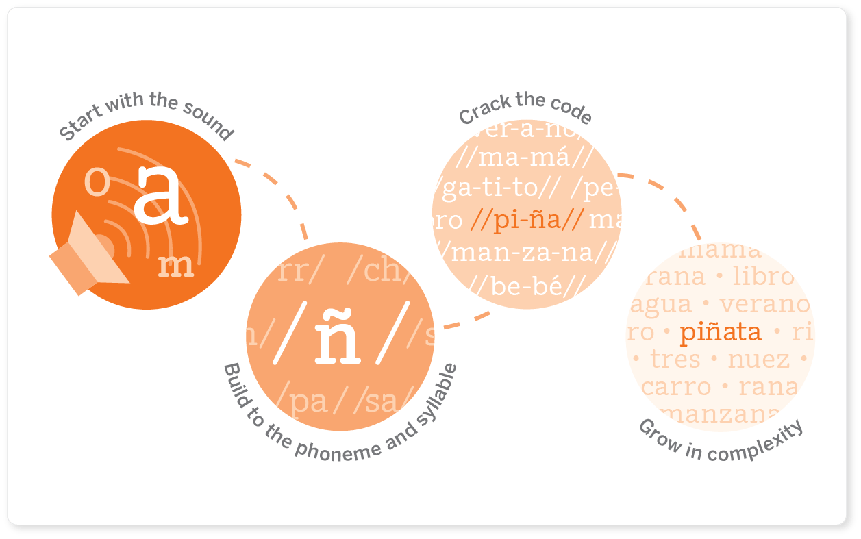 Ilustración de instrucción fonética que muestra la progresión desde sonidos simples hasta sílabas complejas, unidas por flechas con ejemplos.
