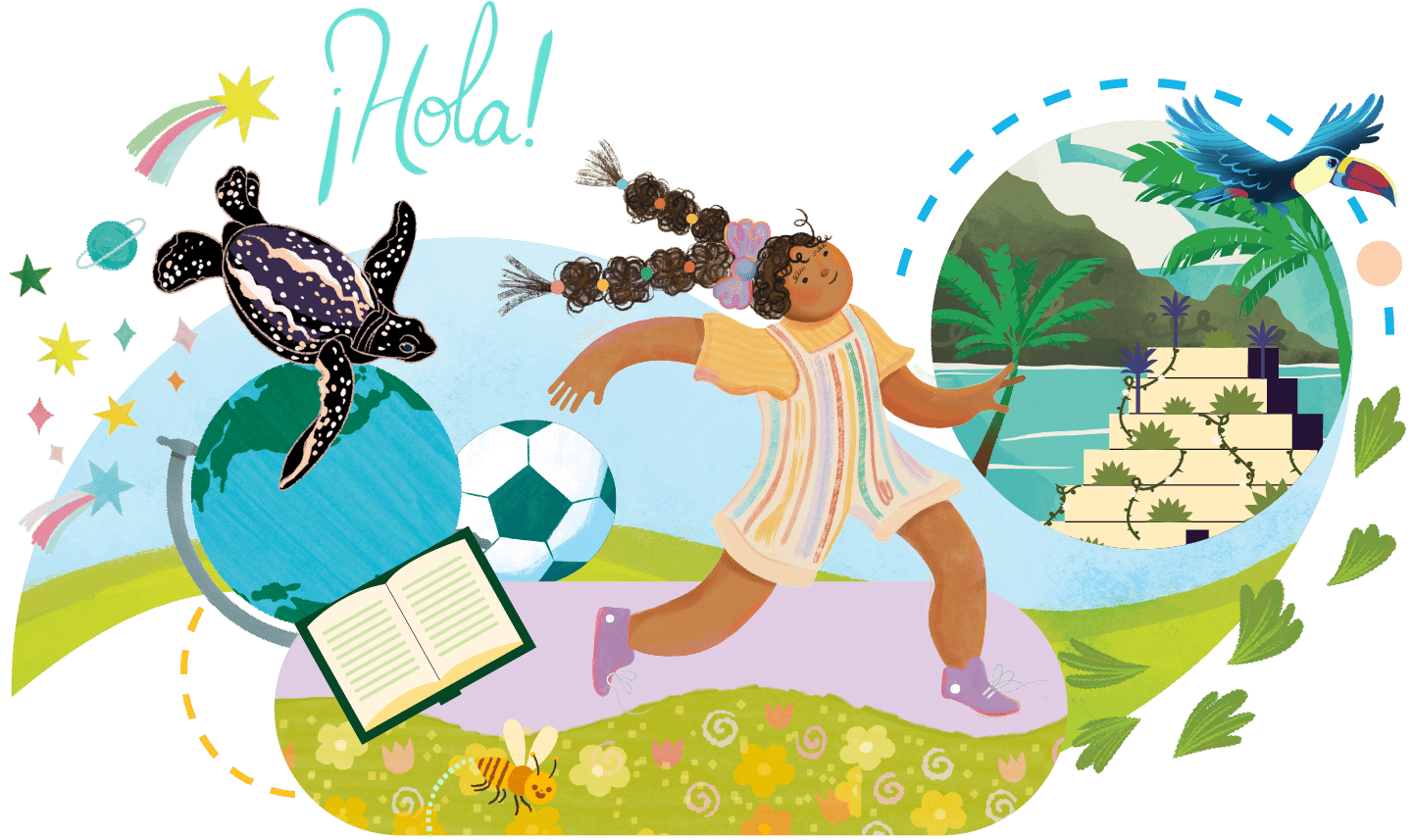 Illustration of a joyful girl playing soccer, surrounded by diverse elements including a turtle, hummingbirds, a book from the CKLA reading program, and lush greenery, with a greeting 