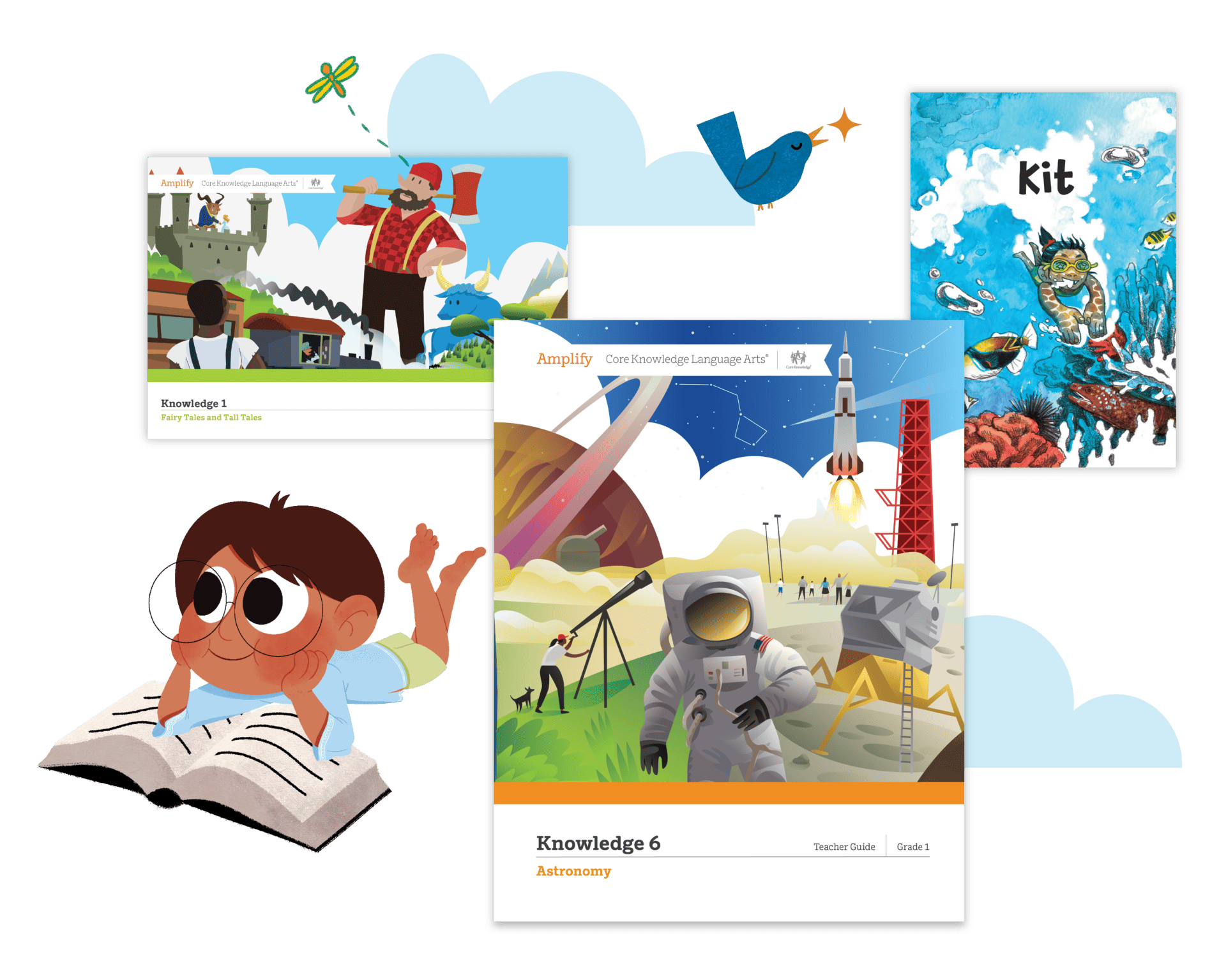 Collage of educational images including a child engaged in a K–5 literacy program, scenes of space exploration, historical themes, animals, and sports activities.