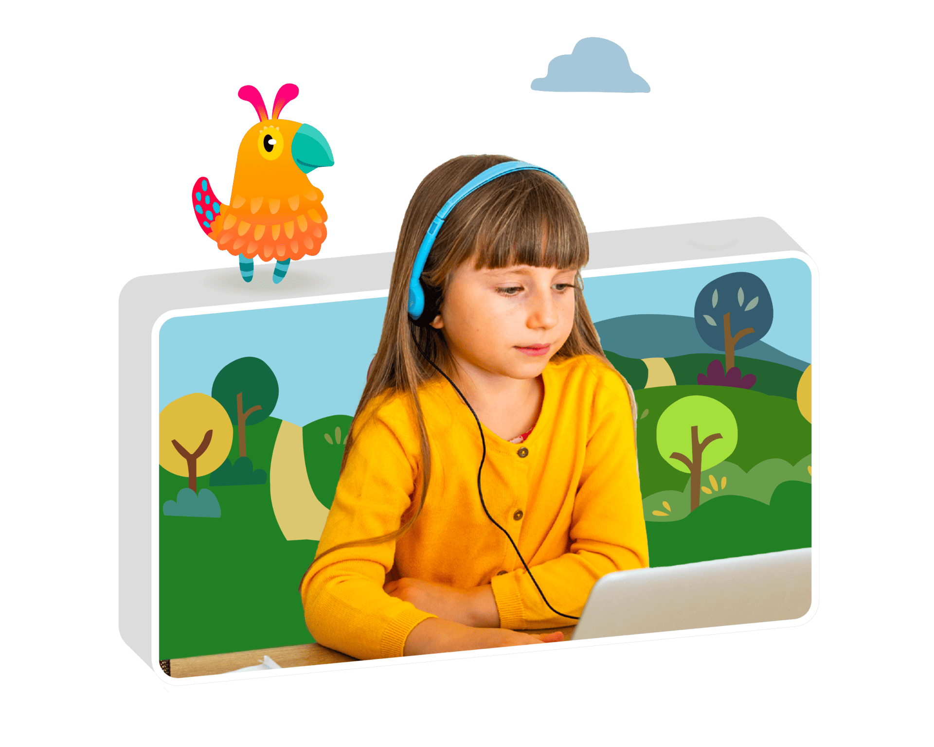 A young girl in a yellow cardigan and headphones focuses on a laptop in a colorful, cartoon-styled early literacy suite.