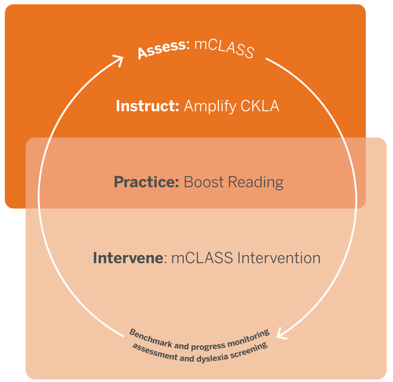 Diagram illustrating a K–5 literacy cyclical educational process with three phases: assess with mclass, practice with boost reading, and intervene with mclass intervention.