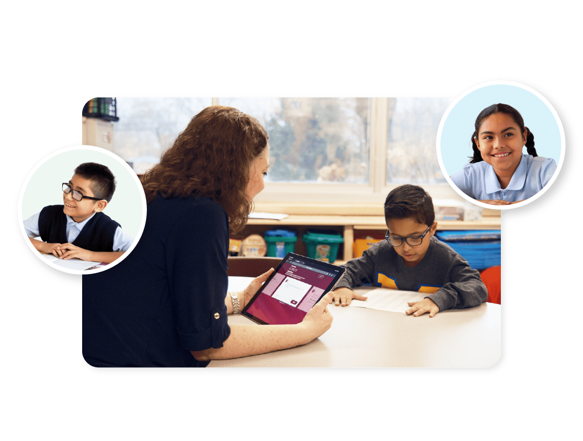 A teacher interacts with a diverse group of students in a classroom, using mCLASS foundational literacy assessments, with inset photos showing two additional students labeled 