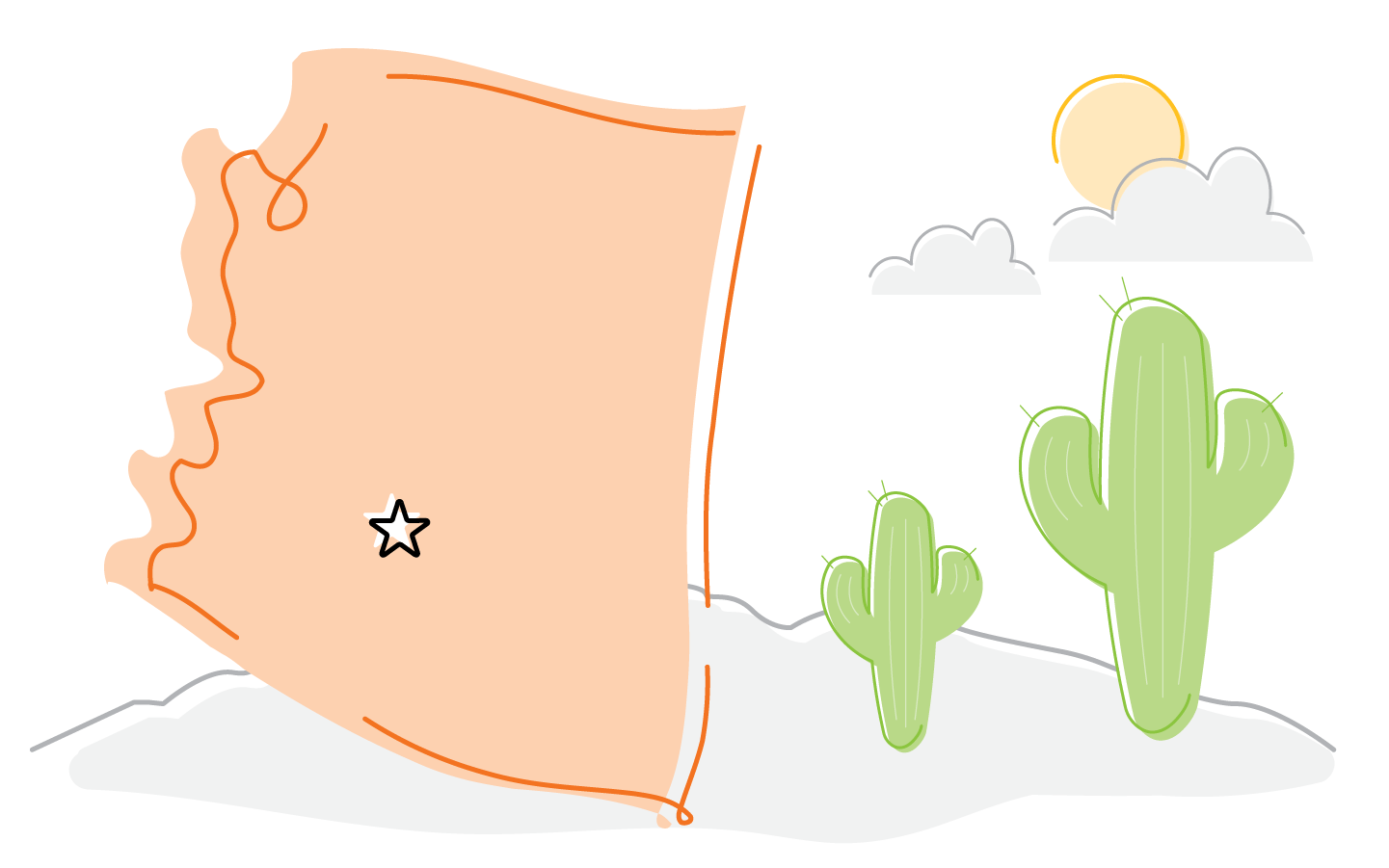 Illustration of a simplified map of arizona with a star on phoenix, featuring cacti and a stylized sun in the background.